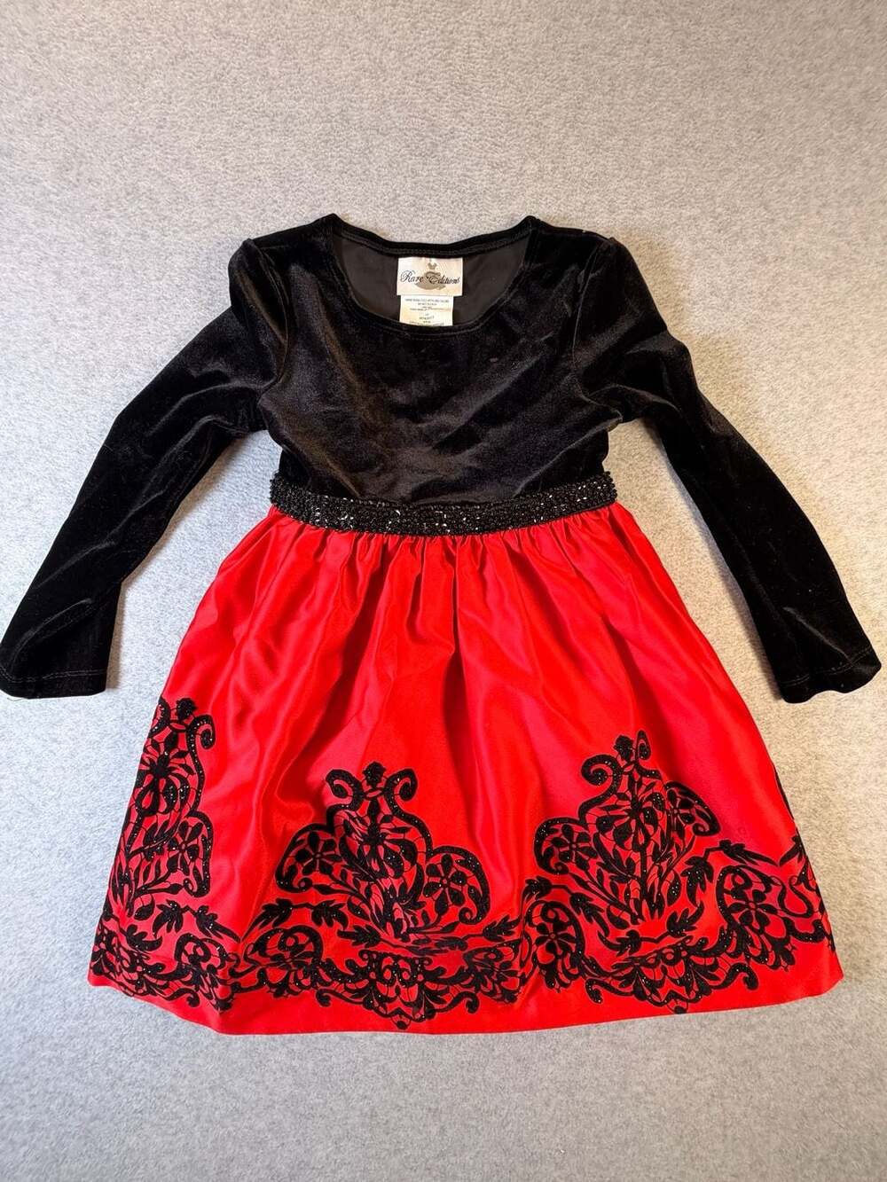 Rare Editions Girl's Black and Red Velvet Flocked Satin Party Dress Size 4T